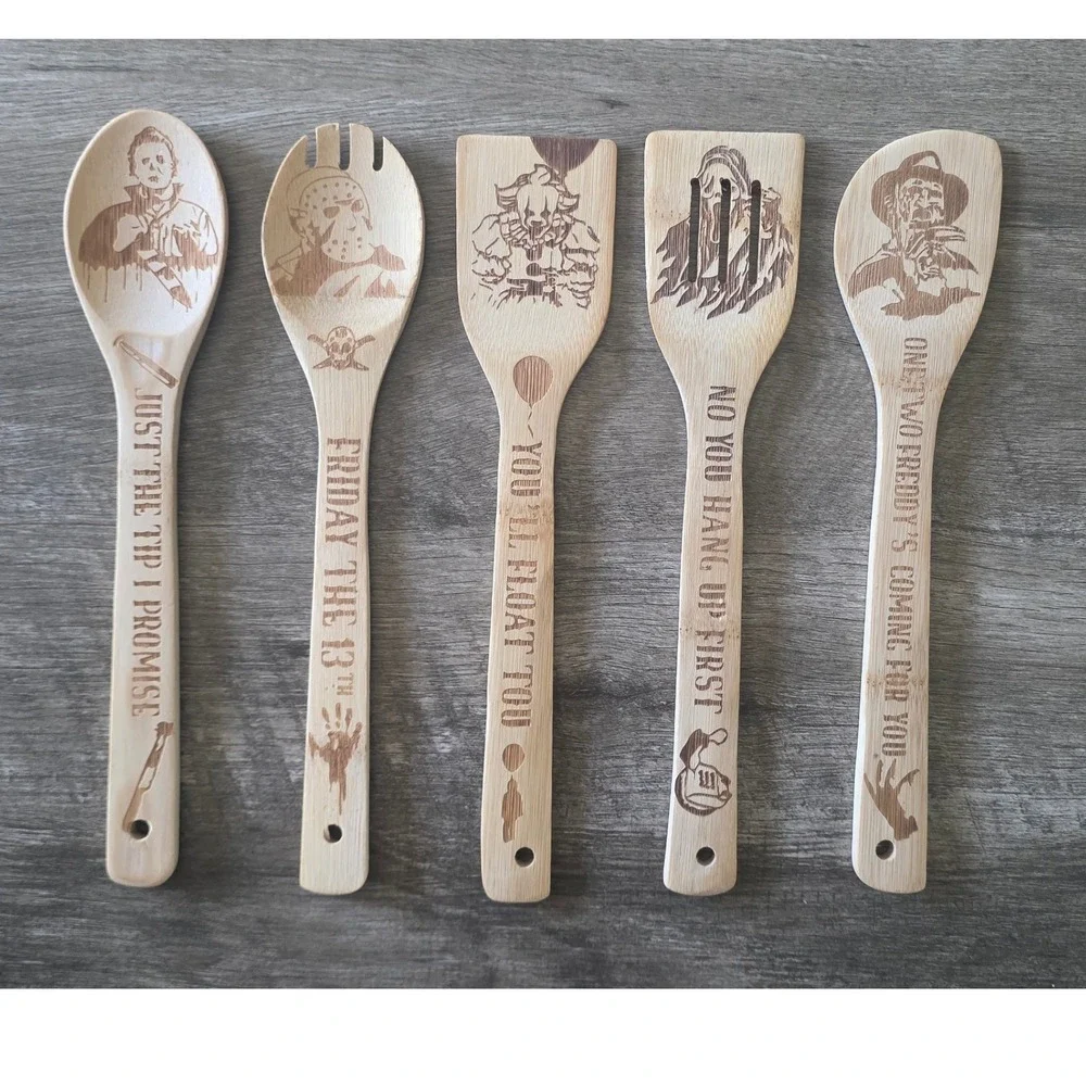 Horror Movie Wood Utensil Set 5pc Michael Myers Jason Ghostface Freddy Penny..
